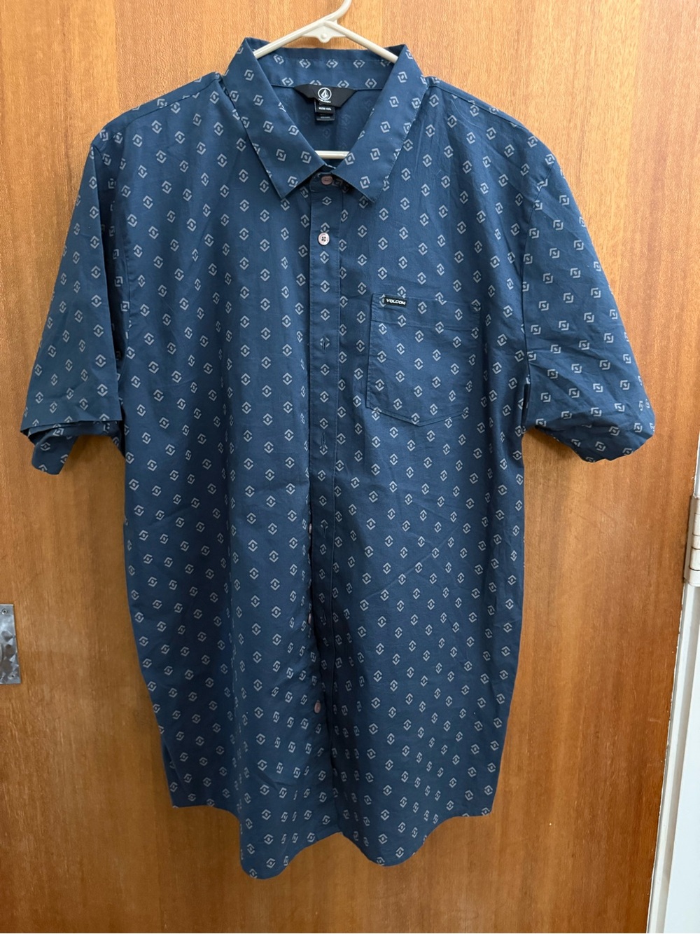 Volcom Navy Short Sleeve Button-Up Shirt with Small Geometric Print